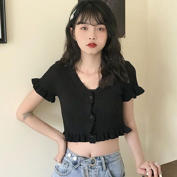 women's t-shirt 2021 women's fashion v-neck button ruffled short section exposed navel knitted sleeved cardigan, White
women's t-shirt 2021 women's fashion v-neck button ruffled short section exposed navel knitted sleeved cardigan, White