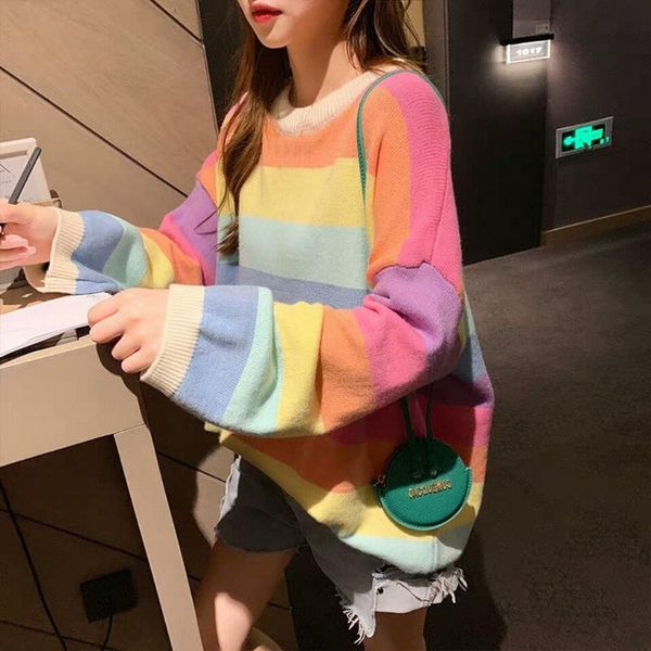women casual stripe sweater fashion rainbow loose long sleeve pullover o neck knitting blouse femme women's sweaters, White;black
women casual stripe sweater fashion rainbow loose long sleeve pullover o neck knitting blouse femme women's sweaters, White;black