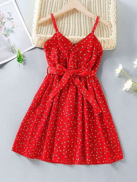 girls ditsy floral self tie cami dress she, Red;yellow
