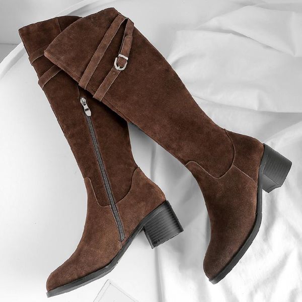 women's natural suede leather thick high heel round toe winter warm plush knee boots metal buckle comfort knight shoe, Black
women's natural suede leather thick high heel round toe winter warm plush knee boots metal buckle comfort knight shoe, Black