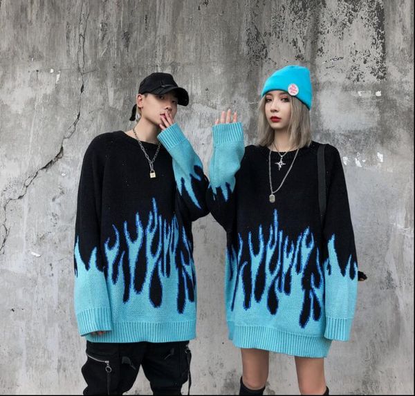 women sweater whweimeng korean loose knitted flame black blue womens men and hip hop streetwear o neck pullover, White;black
women sweater whweimeng korean loose knitted flame black blue womens men and hip hop streetwear o neck pullover, White;black