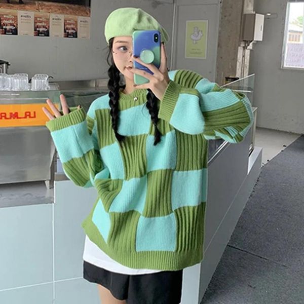 women's sweaters 2021 vintage plaid sweater women loose long sleeve knitted o neck korean fashion chic pullover jumpers sueter mujer, White;black
women's sweaters 2021 vintage plaid sweater women loose long sleeve knitted o neck korean fashion chic pullover jumpers sueter mujer, White;black
