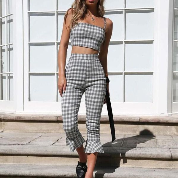 women's tracksuits summer fashion plaid suspender lotus leaf cropped pants suits women 2 piece set strapless croped, Gray
women's tracksuits summer fashion plaid suspender lotus leaf cropped pants suits women 2 piece set strapless croped, Gray