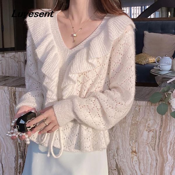 women's sweaters white sweet girl pullover v neck sweater autumn lady ruffles hollow out loose pull knitted korean fashion clothes, White;black
women's sweaters white sweet girl pullover v neck sweater autumn lady ruffles hollow out loose pull knitted korean fashion clothes, White;black