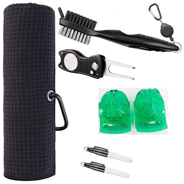 golf towel and tool accessories kit, club cleaner, divot repair tool, brush, ball marker training aids
golf towel and tool accessories kit, club cleaner, divot repair tool, brush, ball marker training aids