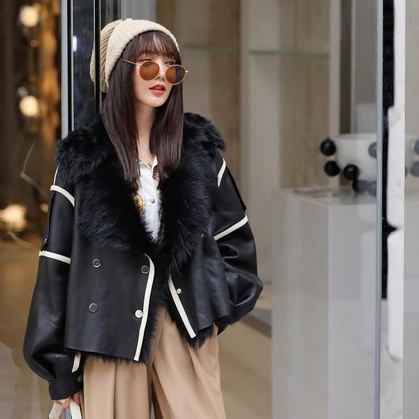 women's fur & faux 2021 winter ladies one piece of sheepskin jacket with plush collar cool streetwear, Black
women's fur & faux 2021 winter ladies one piece of sheepskin jacket with plush collar cool streetwear, Black