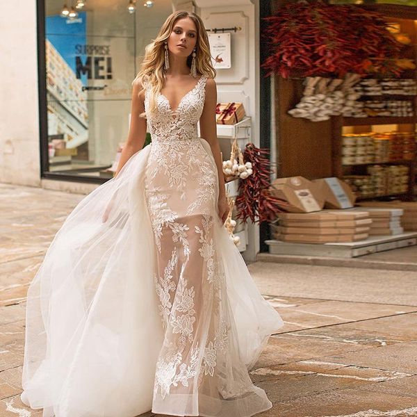 other wedding dresses elegant 2 in 1 dress champagne tulle with lace sheath floor length removable train appliques sleeveless bridal gown 20, White 
other wedding dresses elegant 2 in 1 dress champagne tulle with lace sheath floor length removable train appliques sleeveless bridal gown 20, White