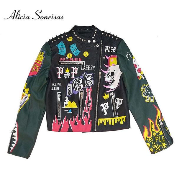 women's leather & faux pu green color printed rivets jacket women graffiti short motorcycle biker punk studded street as013, Black
women's leather & faux pu green color printed rivets jacket women graffiti short motorcycle biker punk studded street as013, Black