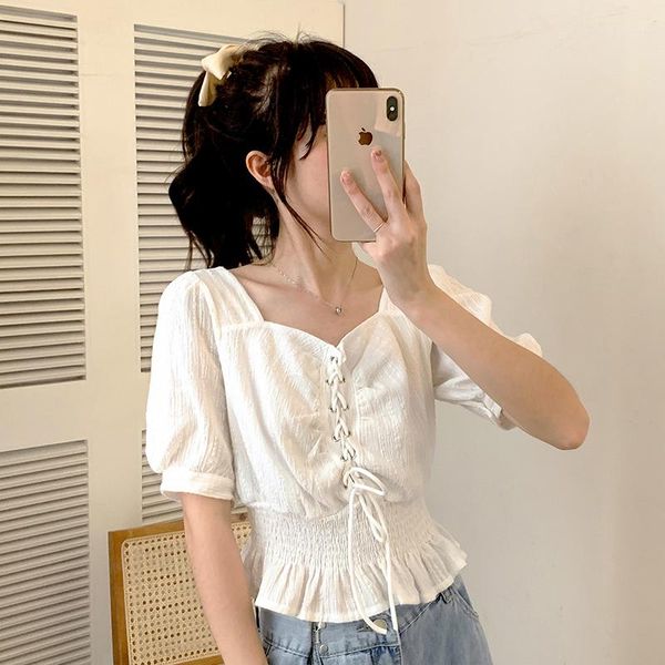 women's blouses & shirts puff sleeve square collar ruched vintage women french stylish lace up summer blouse elastic high waist crop 2, White
women's blouses & shirts puff sleeve square collar ruched vintage women french stylish lace up summer blouse elastic high waist crop 2, White