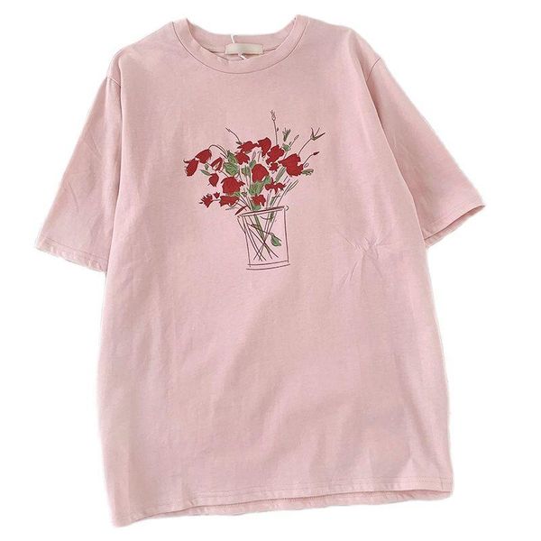 women's t-shirt summer light color sketch flower print o neck loose casual all-match short-sleeved, White
women's t-shirt summer light color sketch flower print o neck loose casual all-match short-sleeved, White