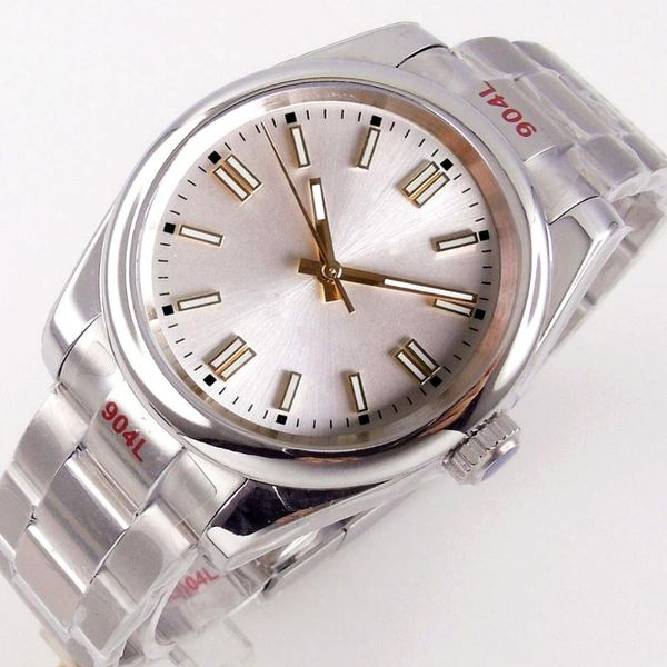 wristwatches 39mm polished bezel mechancial men watch gold hand silver dial brushed steel oyster band screw crown, Slivery;brown
wristwatches 39mm polished bezel mechancial men watch gold hand silver dial brushed steel oyster band screw crown, Slivery;brown