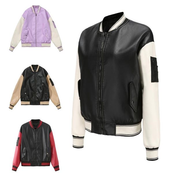 women's leather & faux 2021 spring autumn color inserted casual baseball uniform loose ladies jacket coat plus size clothes office lady, Black
women's leather & faux 2021 spring autumn color inserted casual baseball uniform loose ladies jacket coat plus size clothes office lady, Black