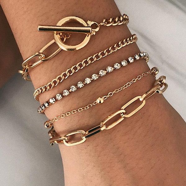 link, chain 5 pcs/set punk gold crystal thick bracelet female bohemian geometric ot buckle set jewelry girl party gift, Black
link, chain 5 pcs/set punk gold crystal thick bracelet female bohemian geometric ot buckle set jewelry girl party gift, Black