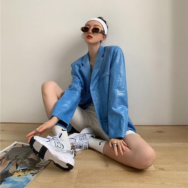 women's suits & blazers 2021 spring autumn high fashion blue crocodile faux leather jacket women shoulder pad blazer ladies coat top, White;black
women's suits & blazers 2021 spring autumn high fashion blue crocodile faux leather jacket women shoulder pad blazer ladies coat top, White;black
