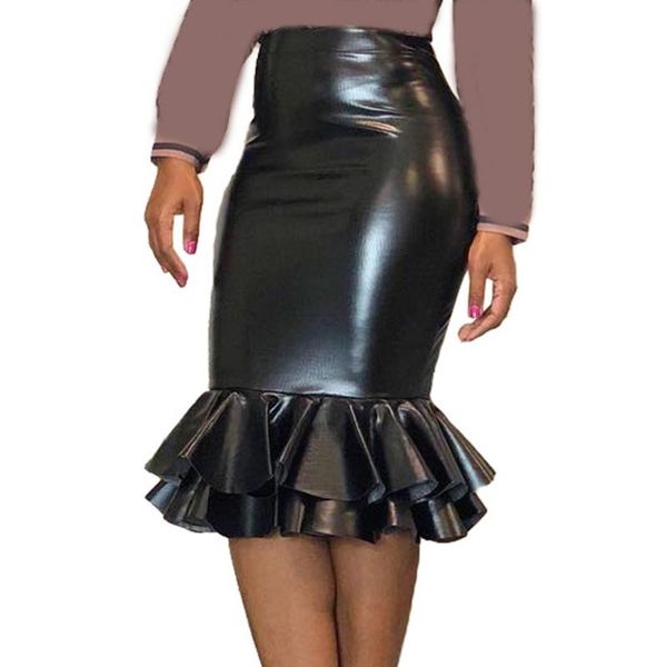 skirts women high waist faux leather fishtail bodycon midi skirt shiny solid color tiered ruffle hem knee length package hip party club, Black
skirts women high waist faux leather fishtail bodycon midi skirt shiny solid color tiered ruffle hem knee length package hip party club, Black