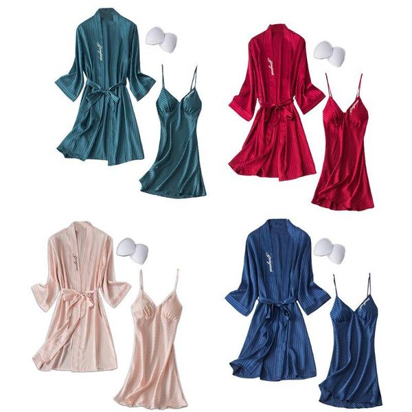 women silky 2 piece sleepwear sleeveless v-neck chest pads camisole nightdress with kimono robe letters embroidery striped women's, Black;red
women silky 2 piece sleepwear sleeveless v-neck chest pads camisole nightdress with kimono robe letters embroidery striped women's, Black;red