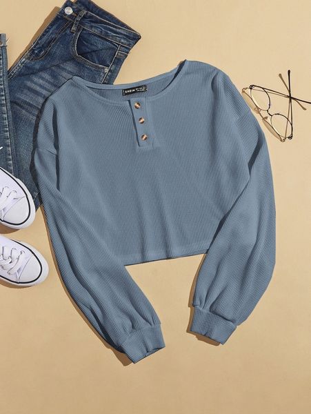 half button drop shoulder crop tee 013v#, White
half button drop shoulder crop tee 013v#, White