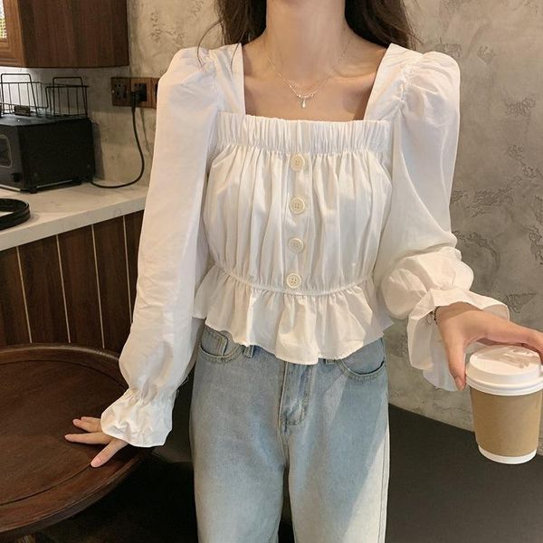 women's blouses & shirts vintage women t-shirt casual square neck puff long sleeve pleated tee slim solid chic ladies, White
women's blouses & shirts vintage women t-shirt casual square neck puff long sleeve pleated tee slim solid chic ladies, White