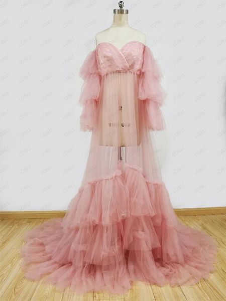 women's sleepwear lo&li pretty pink see thru tulle prom gown dresses ruffles tiered maternity dress robe po shoot puff full sleeves, Black;red