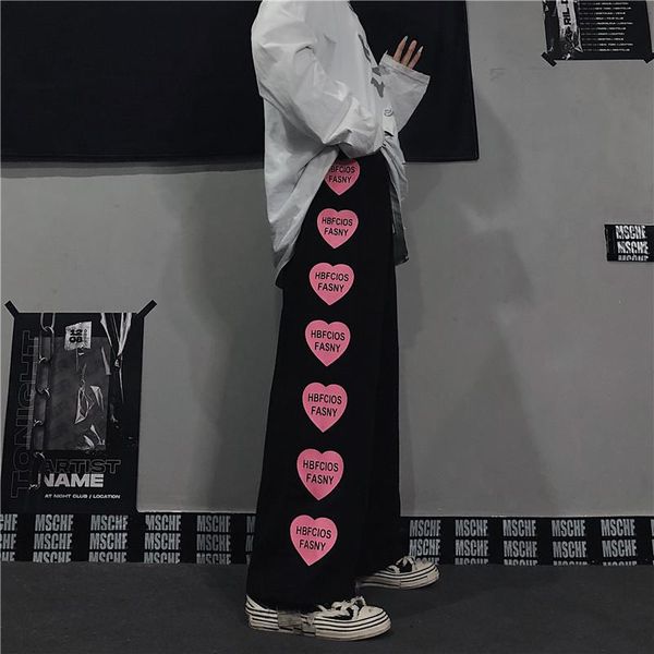 women's pants & capris harajuku vintage love heart letters print black wide leg women casual streetwear elastic waist hip hop jogger, Black;white
women's pants & capris harajuku vintage love heart letters print black wide leg women casual streetwear elastic waist hip hop jogger, Black;white