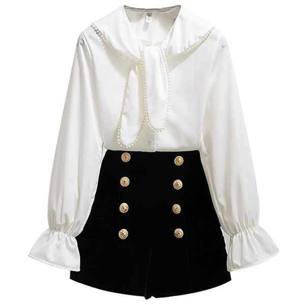 women's tracksuits spring 2021 french fashion leisure design shirts tall waist velvet shorts two-piece clothing set outfit lady office, Gray
women's tracksuits spring 2021 french fashion leisure design shirts tall waist velvet shorts two-piece clothing set outfit lady office, Gray