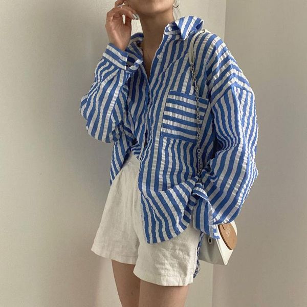 women's blouses & shirts 2021 spring autumn striped women turn down collar long sleeve vintage blouse single breasted korean bf style, White
women's blouses & shirts 2021 spring autumn striped women turn down collar long sleeve vintage blouse single breasted korean bf style, White