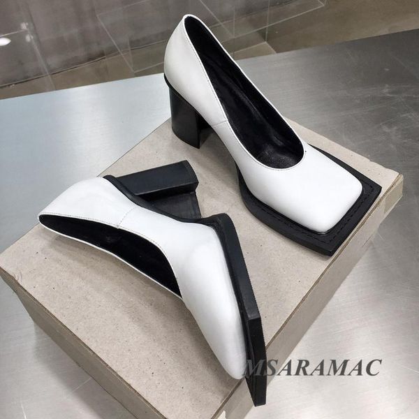 dress shoes genuine leather square toe chunky heel office woman work all season high heels, Black