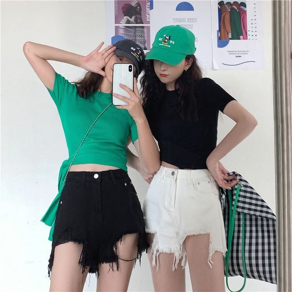 women's shorts lady fox black ragged jeans spring korean high waist slim straight pants, White;black