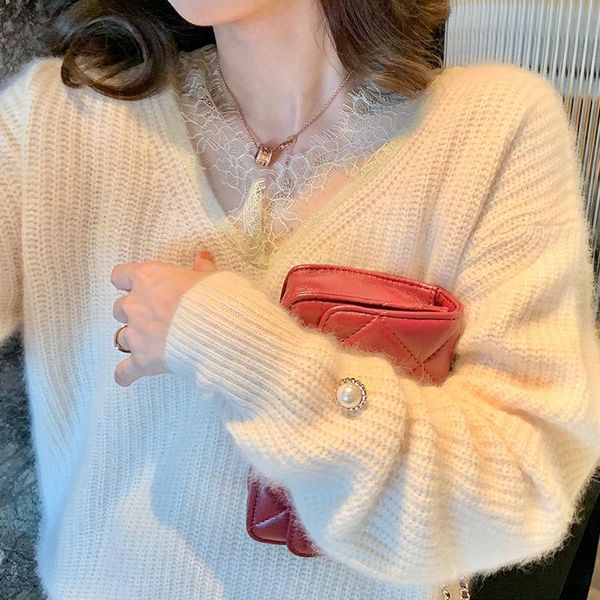 women's sweaters 2021 autumn winter women loose sweater lace edge stitching v-neck red christmas and year soft warm jumper, White;black
women's sweaters 2021 autumn winter women loose sweater lace edge stitching v-neck red christmas and year soft warm jumper, White;black