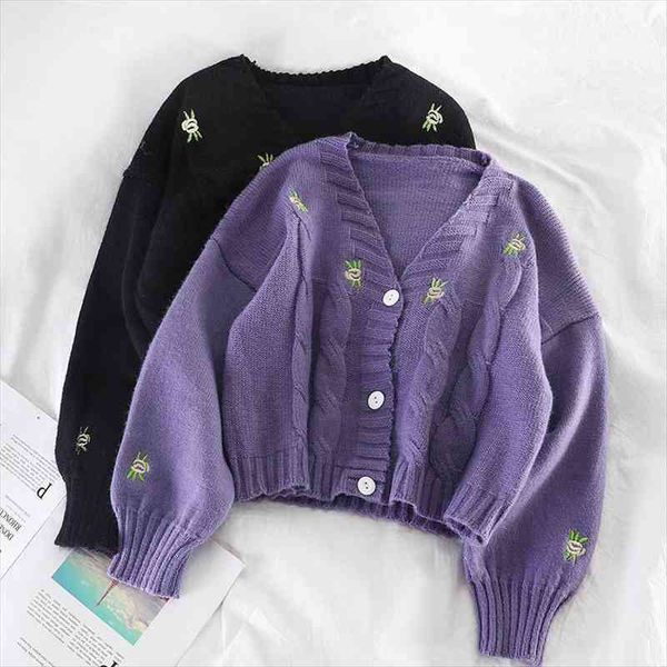 women knitted cute fashion loose sweater spring autumn v-neck lantern sleeve embroidery floral harajuku female cardigan, White;black
women knitted cute fashion loose sweater spring autumn v-neck lantern sleeve embroidery floral harajuku female cardigan, White;black
