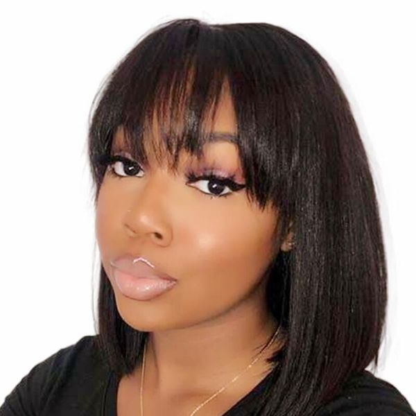 short bob straight brazilian wig with bangs for women human hair glueless full machine made none lace wigs, Black;brown
short bob straight brazilian wig with bangs for women human hair glueless full machine made none lace wigs, Black;brown