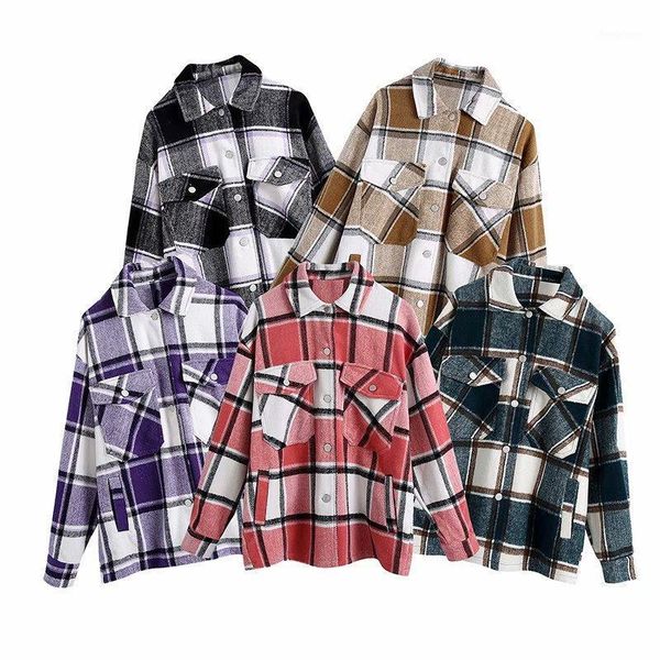 women's wool & blends vintage women loose plaid patchwork woolen shirt coat fashion ladies autumn oversized jacket female casual o, Black 
women's wool & blends vintage women loose plaid patchwork woolen shirt coat fashion ladies autumn oversized jacket female casual o, Black