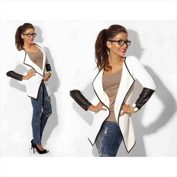autumn women knitted cardigans with pu leather trendy collarless long sleeve women coat single breast button outwear, White;black
autumn women knitted cardigans with pu leather trendy collarless long sleeve women coat single breast button outwear, White;black