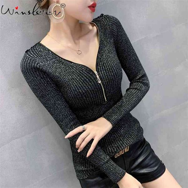 spring autumn sweater women shiny v-neck zipper long sleeve knitted pullover stretchable sliver black t010209a 210421, Black;white
spring autumn sweater women shiny v-neck zipper long sleeve knitted pullover stretchable sliver black t010209a 210421, Black;white