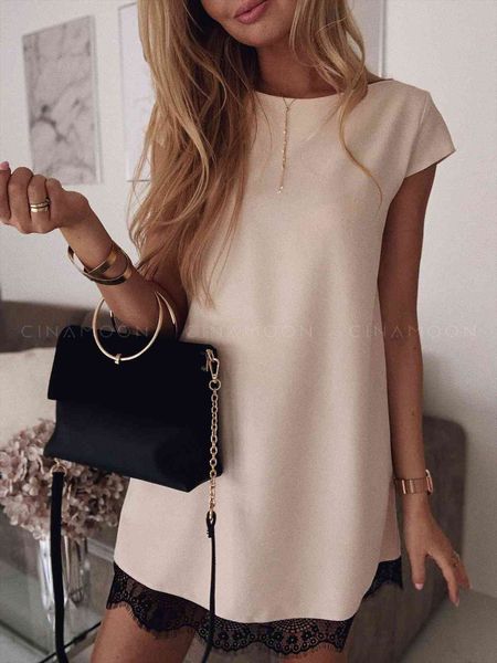 loose solid sleeve summer round neck 2019 short lace dress with hem, White;black
loose solid sleeve summer round neck 2019 short lace dress with hem, White;black