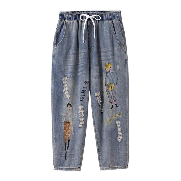 vintage women's printed ripped elastic waist denim jeans plus size carton pattern loose fit ankle length casual harem pants, Blue
vintage women's printed ripped elastic waist denim jeans plus size carton pattern loose fit ankle length casual harem pants, Blue