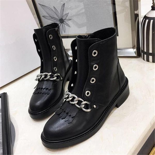 women's leather boots, metal chain black, outdoor boots