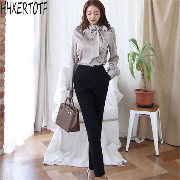 spring 2 pieces set women bowknot shirts + high waist pants professional suit 210531, White
spring 2 pieces set women bowknot shirts + high waist pants professional suit 210531, White