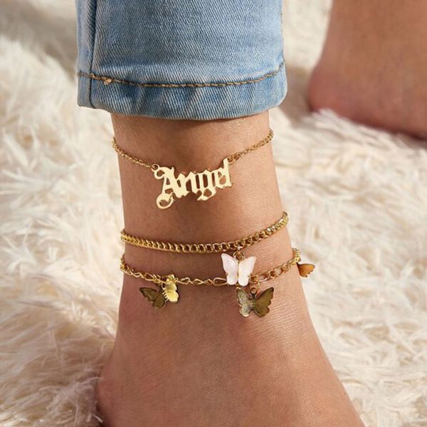 

fashion butterfly anklets set for women cute gold letter angel chain anklet foot bracelet summer beach barefoot party jewelry, Red;blue