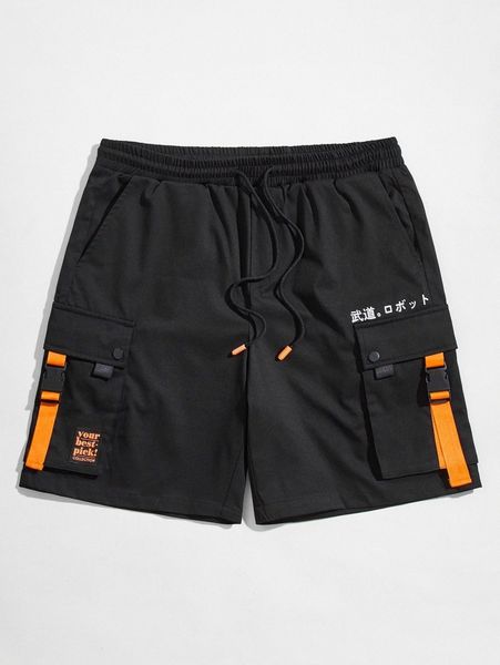 men buckle strap pocket patched letter graphic shorts p2dl#, Black 
men buckle strap pocket patched letter graphic shorts p2dl#, Black