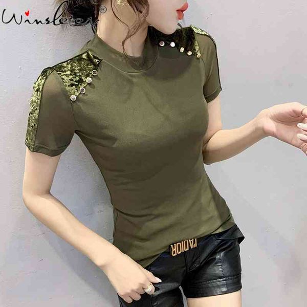 women's t-shirt summer european clothes fashion turtleneck velvet patchwork mesh women short sleeve rivet tees t14021a y, White
women's t-shirt summer european clothes fashion turtleneck velvet patchwork mesh women short sleeve rivet tees t14021a y, White