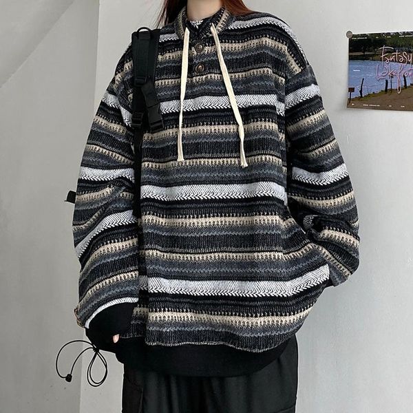 women's sweaters trendy chapter ~ ins korean style super autumn and winter retro minority idle striped woolen loose sweater for men, White;black
women's sweaters trendy chapter ~ ins korean style super autumn and winter retro minority idle striped woolen loose sweater for men, White;black