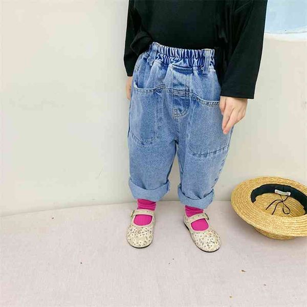 spring loose casual jeans boys and girls big pocket denim pants 210708, Blue 
spring loose casual jeans boys and girls big pocket denim pants 210708, Blue