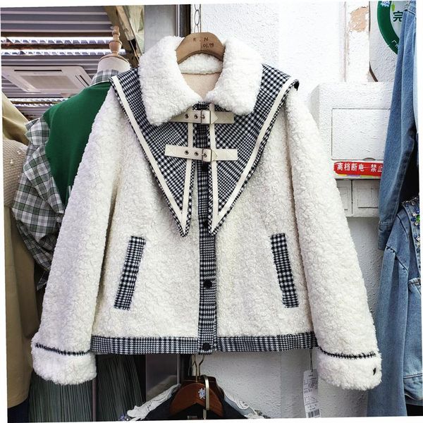 women's fur & faux fashion houndstooth patchwork lambswool women short coat fall winter detachable plaid shawl long sleeve female outwe, Black
women's fur & faux fashion houndstooth patchwork lambswool women short coat fall winter detachable plaid shawl long sleeve female outwe, Black