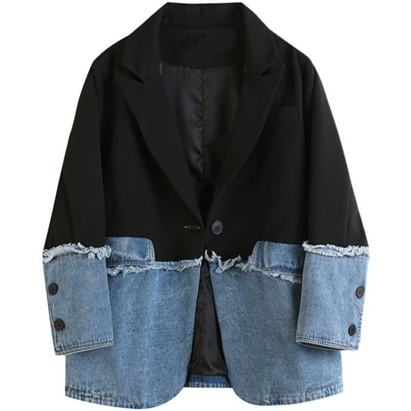 women's suits & blazers superaen 2021 autumn notched patchwork worn jeans loose coat all match contrast color suit women, White;black
women's suits & blazers superaen 2021 autumn notched patchwork worn jeans loose coat all match contrast color suit women, White;black