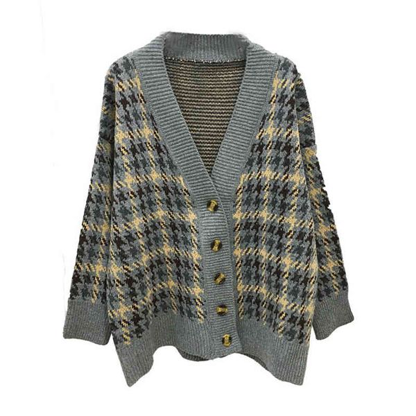 women gray v neck single breasted button knitted loose sweater cardigans houndtooth plaid m0262 210514, White
women gray v neck single breasted button knitted loose sweater cardigans houndtooth plaid m0262 210514, White