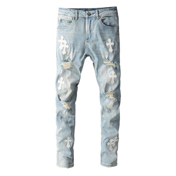 jeans 726 gaojiechao brand personalized fashion ned cross washed men's slim elastic leggings, Blue
jeans 726 gaojiechao brand personalized fashion ned cross washed men's slim elastic leggings, Blue