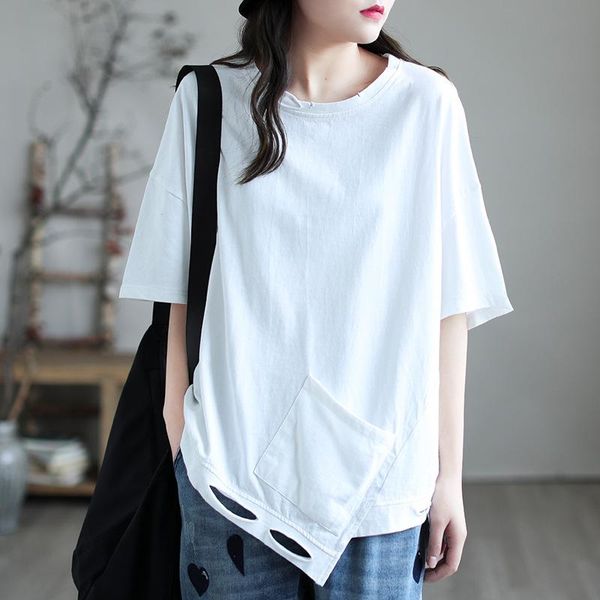 women t-shirt spring summer loose retro o-neck short sleeve irregular hole casual women's, White
women t-shirt spring summer loose retro o-neck short sleeve irregular hole casual women's, White