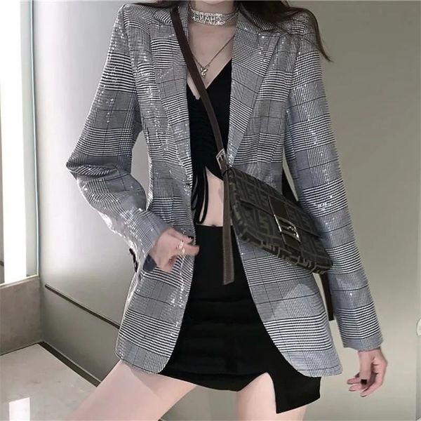women's suits & blazers autumn loose casual women slim grey sequin plaid notched collar long sleeve office ladies suit jacket streetwea, White;black
women's suits & blazers autumn loose casual women slim grey sequin plaid notched collar long sleeve office ladies suit jacket streetwea, White;black