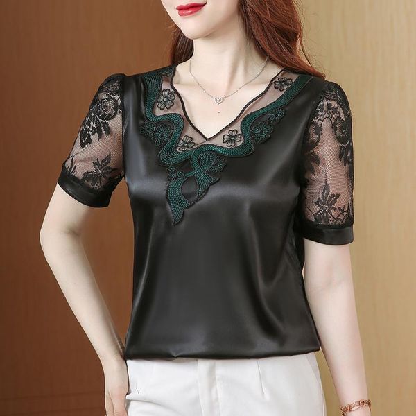 women's blouses & shirts -4xl fashion summer lace stitching satin casual blouse shirt short sleeve plus size women clothing, White
women's blouses & shirts -4xl fashion summer lace stitching satin casual blouse shirt short sleeve plus size women clothing, White